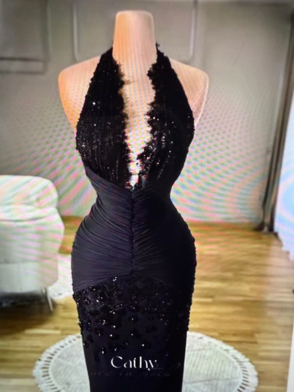 Black Halter Sequin Evening Dress